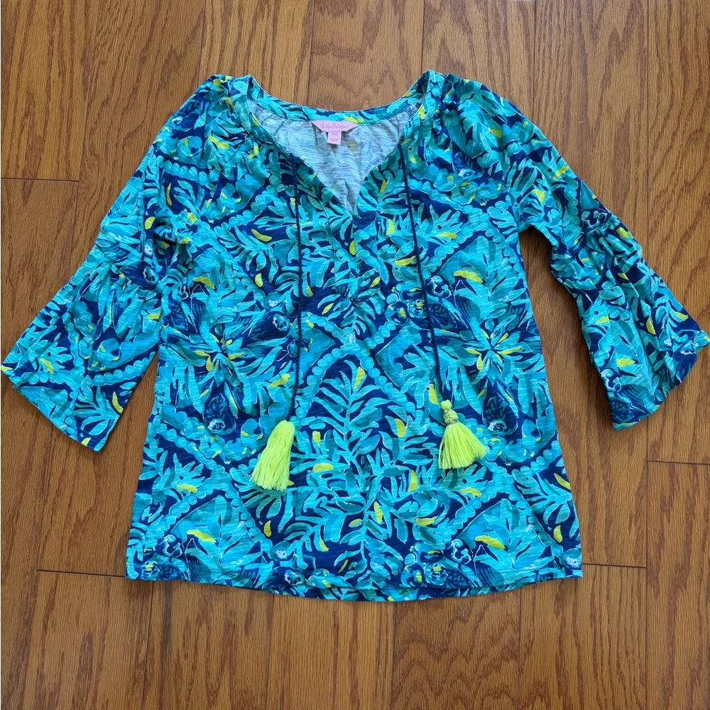 Lilly Pulitzer Vibrant Blue and Green Tropical Blouse Shirt Top XXS
